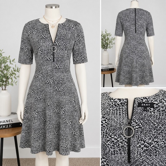 Dkny Dresses & Skirts - DKNY Black White Fit & Flare Dress S 10 Zip Ring Pull Textured Knit Midi Office